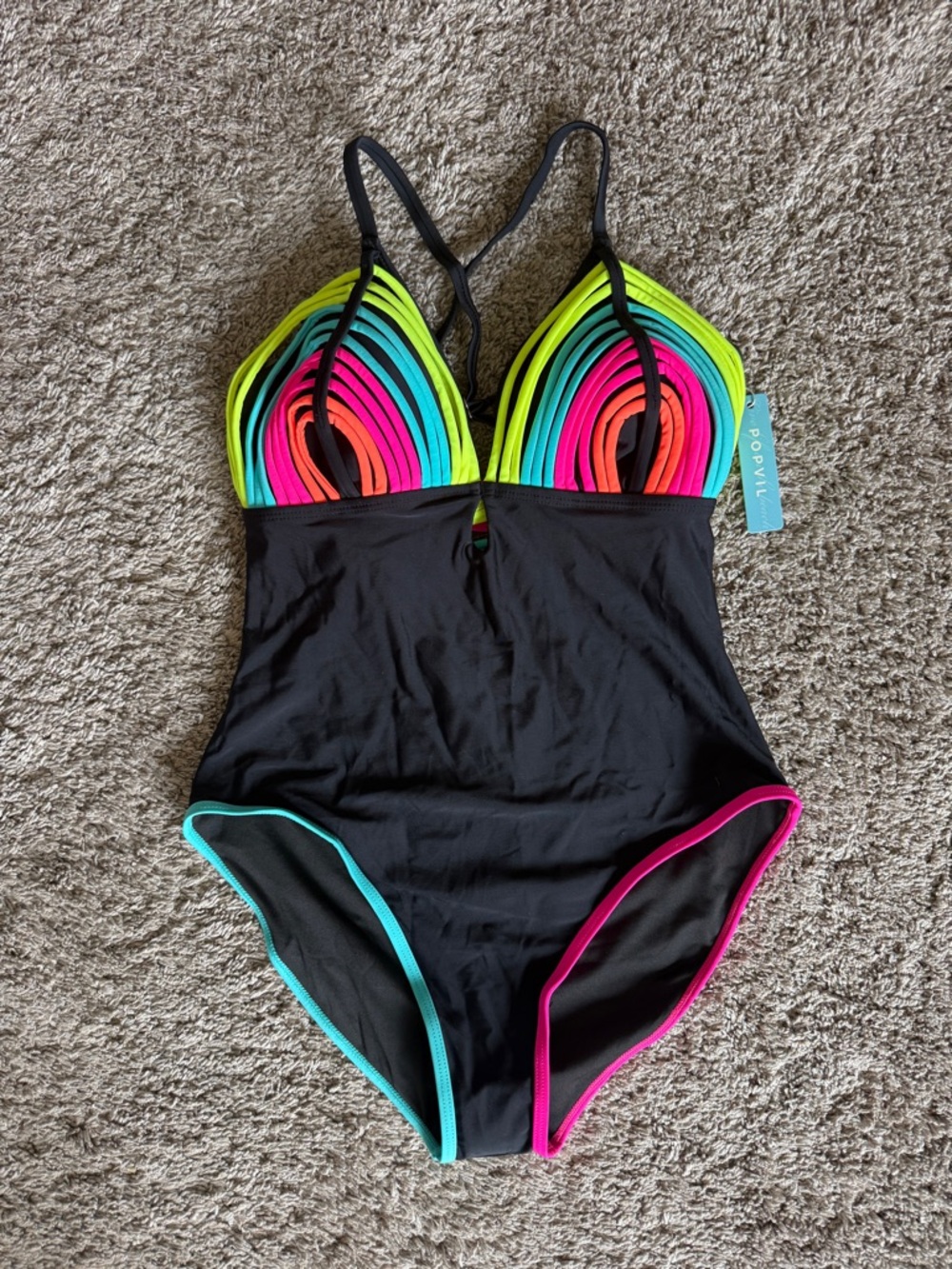 NWT Neon Stripe Cutout One-Piece Swimsuit - Black with Neon Accents - Picture 3 of 5